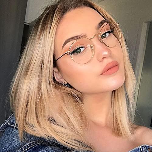 Junsika Round Blue Light Glasses for Women Men Retro Circle Computer Gaming Glasses Clear Lens Metal Frame Eyeglasses