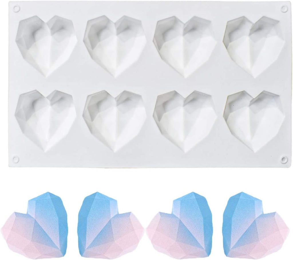 8 Grid Diamond Heart Silicone Cake Chocolate Mold Silicone Baking Pan Mold for DIY Cake Mousse Dessert 3D Diamond Love Heart Shaped Mould for Candy Fondant Ice Cream Soap Cupcake Cheesecake Jelly