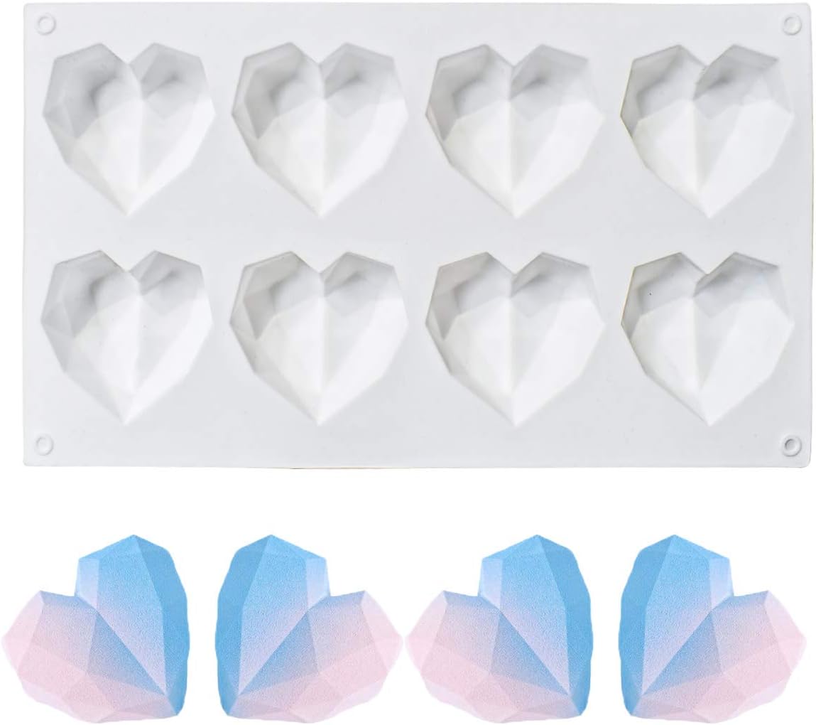 8 Grid Diamond Heart Silicone Cake Chocolate Mold Silicone Baking Pan Mold for DIY Cake Mousse Dessert 3D Diamond Love Heart Shaped Mould for Candy Fondant Ice Cream Soap Cupcake Cheesecake Jelly