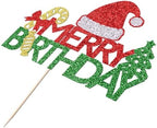 Glitter Merry Birthday Cake Topper Red & Green Merry Christmas Happy Holiday Cake Decoration，Winter Festival Xmas Themed Kids Adults Birthday Party Decorations Supplies
