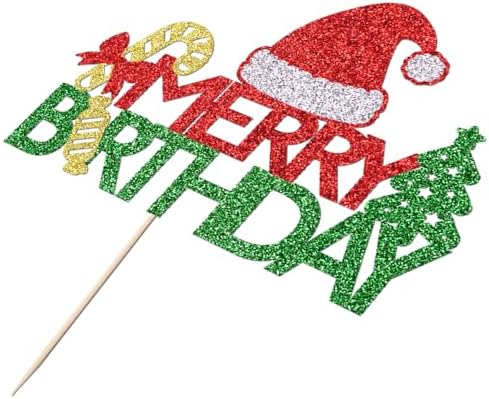 Glitter Merry Birthday Cake Topper Red & Green Merry Christmas Happy Holiday Cake Decoration，Winter Festival Xmas Themed Kids Adults Birthday Party Decorations Supplies