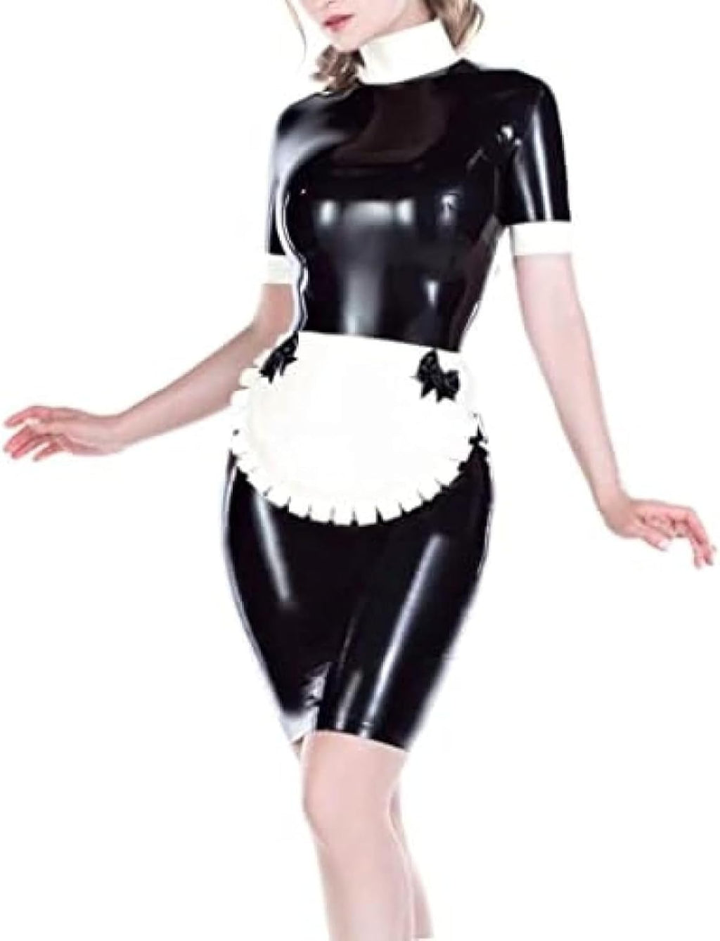 Sexy Latex French Maid Dress with Zippers Back White Apron Two Bows High Collar Rubber Uniform