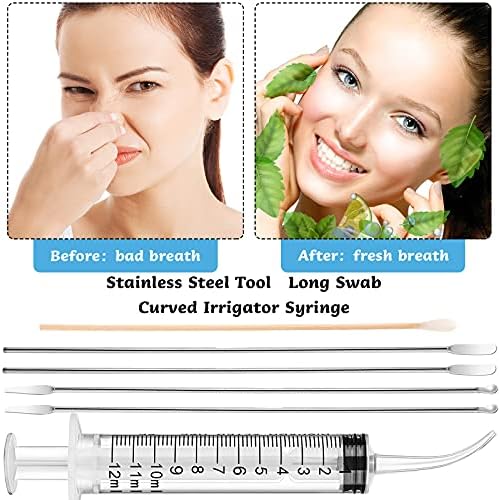 Tonsil Stone Removal Set Includes 4 Stainless Steel Tonsil Stone Removal Tools and 100 Long Swabs with 1 Curved Irrigator Syringe to Get Rid of Bad Breath