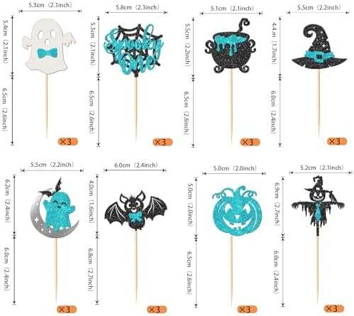 Rsstarxi 24 Pack Halloween Spooky One Cupcake Toppers Glitter Bat Spider Pumpkin Ghost 1st Birthday Cupcake Picks for Halloween Baby Shower Boys First Birthday Party Cake Decorations Blue