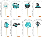 Rsstarxi 24 Pack Halloween Spooky One Cupcake Toppers Glitter Bat Spider Pumpkin Ghost 1st Birthday Cupcake Picks for Halloween Baby Shower Boys First Birthday Party Cake Decorations Blue