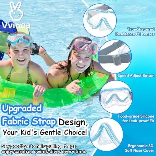 Vvinca Kids-Goggles with Nose Cover, Diving Mask Elastic Fabric Strap Anti Fog Anti Shattered Lens for Kids Swim Goggles 3-14