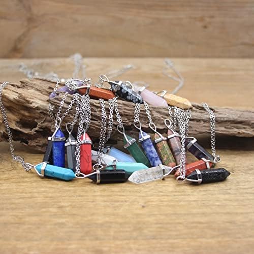 Natural Stone Hexagonal Point Pendants Necklaces Crystal Quartz Fluorite Lapis Bullet Pendulum Chakra Jewelry,绿色绿松石