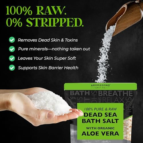 Aromasong 5 lbs Raw Dead Sea Salt with Organic Aloe Vera, not Cleaned, Still Contains All Dead sea Minerals Including Dead sea Mud, Fine Medium Grain Large resealable Bulk Pack (Packaging May Vary)