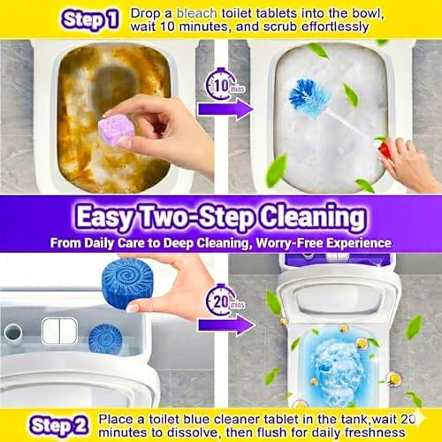 2-in-1 Toilet Cleaning Tablets (24 Pack) - 8 Effervescent Toilet Bowl Stain Remover and 16 Blue Toilet Tank Cleaner Tablets - Limescale Removal for Septic System
