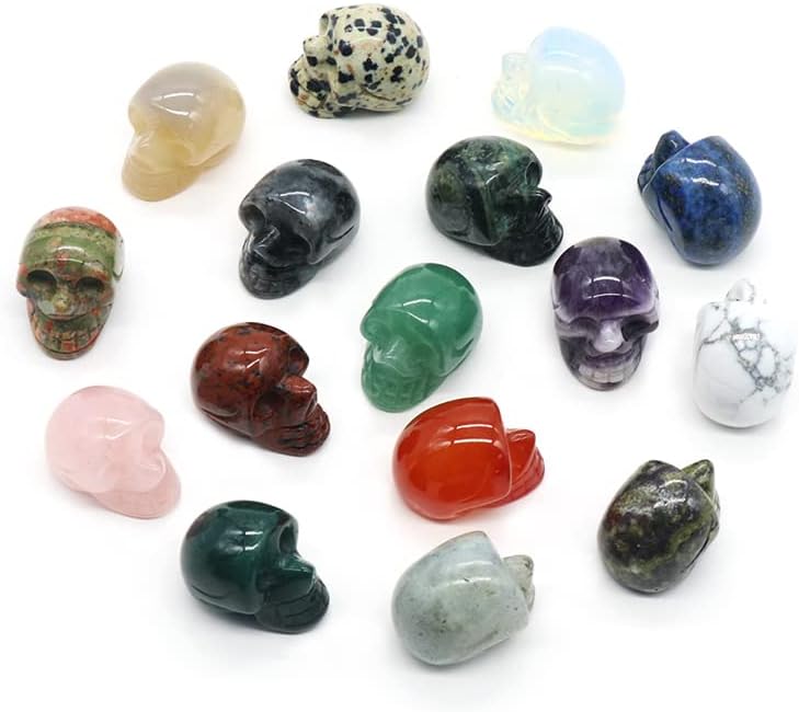 QSLLER 5PCS Natural Stones Crystal Skull Statue Amethyst Rose Quartz Stone Carved Energy Ore Mineral Healing Crystals Figurine Home Decor