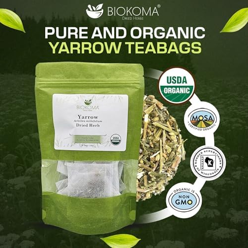 Biokoma Organic Yarrow Dried Herb 30 Tea Bags 1.5oz Dried Achillea Millefolium Digestion Skin Health Support USDA Organic Caffeine Free Herbal Tea Resealable Pouch Pure No Preservatives No GMO Kosher