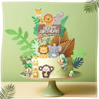 44 Pcs Jungle Safari Animal Cake Toppers Wild Zoo Cake Decorations Includes Elephant Giraffe Lion Monkey Birthday Cake Topper Tropical Leaves Palm Leaves Green Cake Balls Decorations