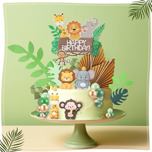 44 Pcs Jungle Safari Animal Cake Toppers Wild Zoo Cake Decorations Includes Elephant Giraffe Lion Monkey Birthday Cake Topper Tropical Leaves Palm Leaves Green Cake Balls Decorations