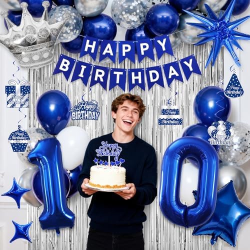 10th Birthday Decorations, Blue and Silver Happy Birthday Decorations for Boys Girls, Navy Blue 10th Birthday Party Packs with Banner Balloons Silver Fringe Curtains Foil Balloons