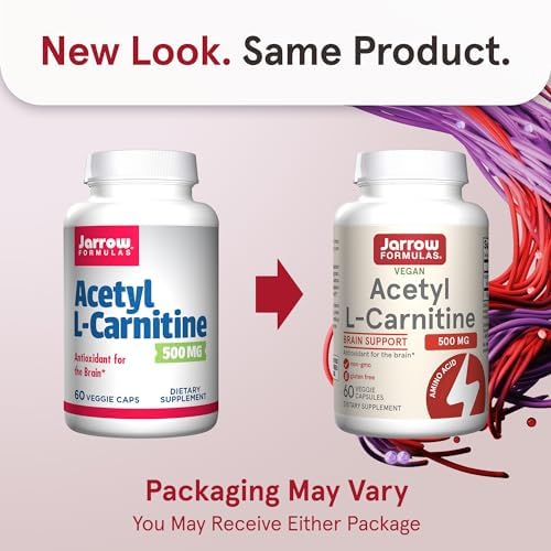 Jarrow Formulas Acetyl L-Carnitine Capsules - 500 mg - 60 Count - For Brain Health & Fatty Acid Metabolism - Vegetable Capsules - Non-GMO - Gluten Free