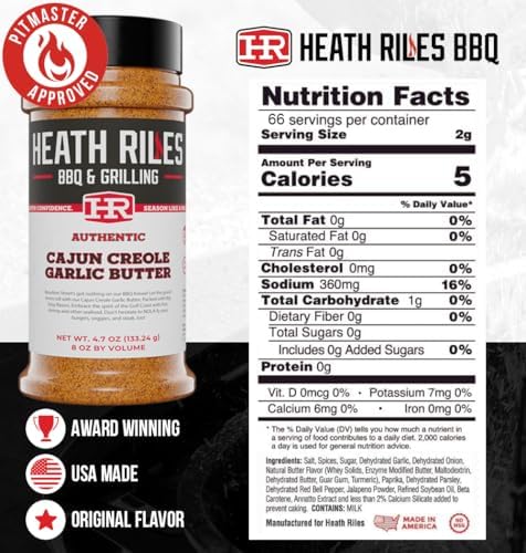Heath Riles Cajun Seasoning Rub, Cajun-Creole, Louisiana Inspired Cajun Spice & Heat, Champion Pitmaster Recipe, 8 oz.
