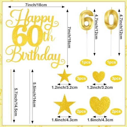 Happy 60th Birthday Cake Topper for 60th Birthday Decorations Numeral 60 Candle with Glitter Heart Cupcake Picks Set for Men Women Hello 60 Birthday Anniversary Party Cake Decor Supplies（GOLD）