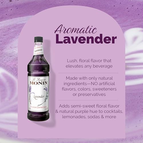 Monin - Lavender Syrup | Aromatic & Floral, Premium Syrup for Cocktails, Lattes & More | Clean Label with No Artificial Flavors, No Artificial Preservatives (BPA Free Bottle, 33.8 fl oz)