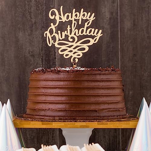Restaurantware-Top Cake Happy Birthday Cake Topper, 1 Mirrored Birthday Cake Decoration - With Swirls, Durable, Gold Acrylic Birthday Topper For Cakes, Party Decoration for Birthday