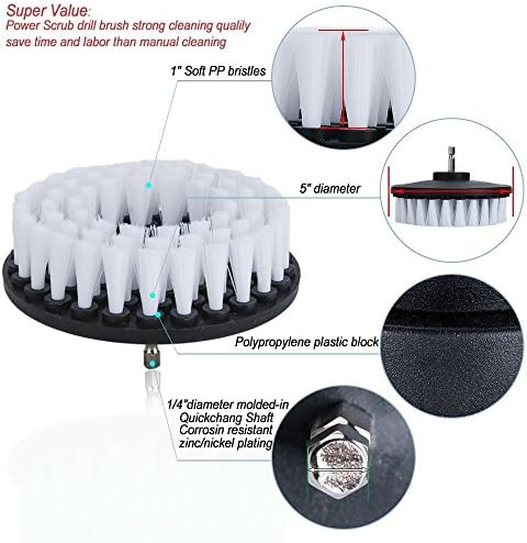 Drill Brush Soft Medium Stiff Bristle Powered Scrub Attachments Cleaning Kit for Bathroom Shower Grout Carpet Tires Boats Ceramic Marble Wheels Glass Carpets Upholstery (2''+3''+4''+5''+5'')