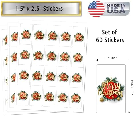 60 Merry Christmas Decorative Miniatures Candy Bar Wrapper, Adorable Stickers for the Holiday Season, Party Decorations, Favors, Party Supplies. Candy Not Included. Made in USA