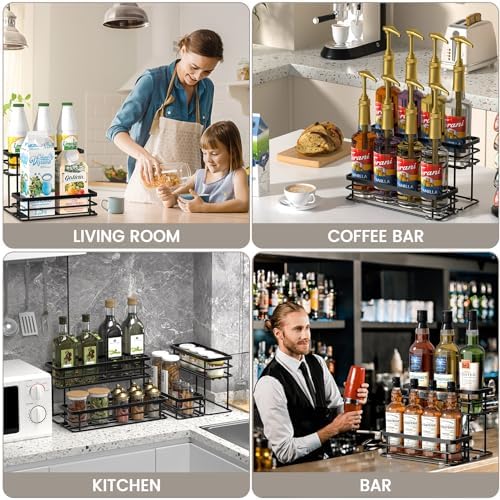 Coffee Syrup Rack Organizer, Syrup Bottle Holder Stand for Coffee Bar, 2-Tier 6 Bottles Storage Shelves for Syrup, Wine, Dressing for Kitchen Countertop (6 Bottles Black)