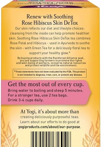 Yogi Tea Soothing Rose Hibiscus Skin DeTox Tea - 16 Tea Bags per Pack (4 Packs) - Organic DeTox Tea to Support Skin Health - Includes Green Tea Leaf, Rose Petal, Honeybush Leaf, Hibiscus & More