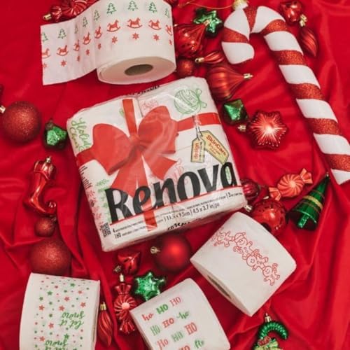 Renova Christmas Toilet Paper 4 Rolls Pack - 3 Ply -160 Sheets per Roll - Festive and Fun Bathroom Essential for the Holidays
