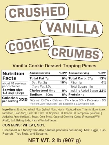 Crushed Vanilla Cookie Crumbs, Chopped Vanilla Cookie Topping for Baking, Ice Cream 2 Pounds