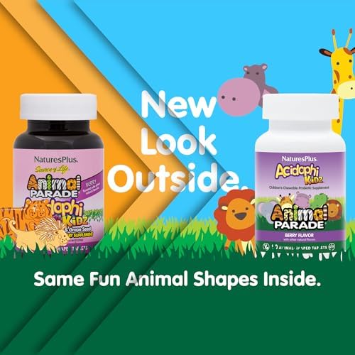 NaturesPlus Animal Parade AcidophiKidz, Berry Flavor - 90 Chewable, Animal-Shaped Tablets - Pack of 2 - with Probiotics, FOS & Grape Seed - 180 Total Servings