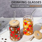 Glass Cups with Lids and Straws with Design Strawberry 4 pcs,Clear Glass Cups 16 oz-DWTS Drinking Glasses Set,Glass Tumbler,Cute Design Glass Iced Coffee Cups with Lids and Straws