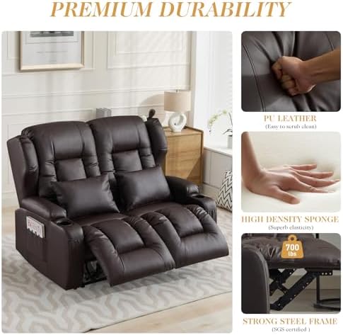 Loveseat Recliner Sofa,RV Wall Hugger Recliners for Small Spaces,Reclining Loveseat Sofa Recliner with Cup Holders/Lumbar Pillows,RV Furniture (Brown, Loveseat)