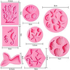 Elfkitwang Marine Theme Fondant Silicone Mold,Seashell,conch, Mermaid Tail,Seahorse,starfish,coral, DIY Handmade Baking Tools for Mermaid Theme Cake Decoration