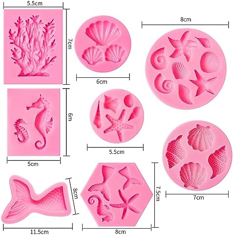 Elfkitwang Marine Theme Fondant Silicone Mold,Seashell,conch, Mermaid Tail,Seahorse,starfish,coral, DIY Handmade Baking Tools for Mermaid Theme Cake Decoration