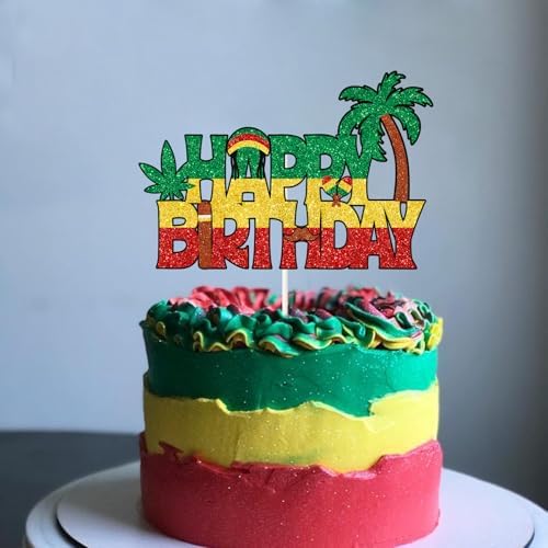 Reggae Happy Birthday Cake Topper,Summer Hawaii Music Dance Palm Tree Birthday Cake Decor, Graffiti inspired Party Decorations