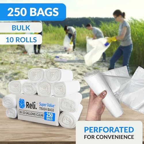 Reli. 30-33 Gallon Trash Bags Heavy Duty | 250 Count Bulk | Clear Large Trash Bags 30+, 32 Gallon | Made in USA