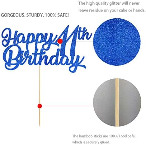Blue Happy 11th Birthday Cake Topper, Royal Blue Glitter Cheers To 11 Years Party Cake Decorations, Supply