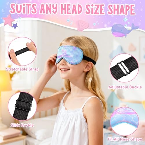 OlyPegic 2 Pcs Kids Sleep Mask Girls Silk Eye Mask Sleeping with Adjustable Strap Soft Lightweight Kids Eye Cover Mask Blindfold Shade Light Blocking Travel and Home Use Girls Teens Rainbow Unicorn