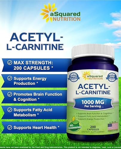 aSquared Nutrition Acetyl L-Carnitine 1000mg Per Serving Max Strength - 200 Veggie Capsules - High Dosage Acetyl L Carnitine HCL (ALCAR) Supplement Pills to Support Pure Energy, Brain Function
