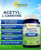 aSquared Nutrition Acetyl L-Carnitine 1000mg Per Serving Max Strength - 200 Veggie Capsules - High Dosage Acetyl L Carnitine HCL (ALCAR) Supplement Pills to Support Pure Energy, Brain Function