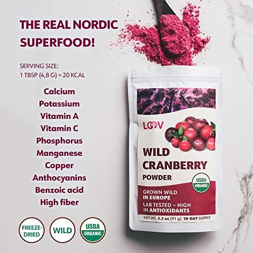Organic Freeze-Dried Cranberry Powder – Pure, 100% Natural Wild Whole Fruit, Certified Organic from Nordic Forests – Non-GMO, No Added Sugar – 3.2oz (18 Servings)