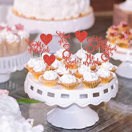 24 Pieces Red Glitter Engagement Cupcake Toppers He Asked She Said Yes Diamond Ring Heart Cupcake Picks for Wedding Bridal Shower Party Cake Decorations