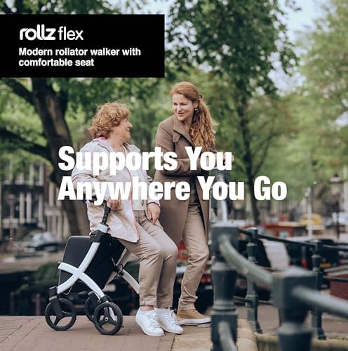 Rollz Flex 2 Matt Black - Upright Rollator Walker with seat - Lightweight Walker with Wheels - Folding Walker with Large Shopping Bag - Modern Design and Ultimate Support (Regular)