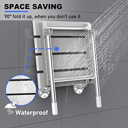 Folding Shower Seat, Wall Mounted Bathroom Safety Stool Chair with Support Legs, Foldable Wall Wood Shower Bench for Seniors (White)