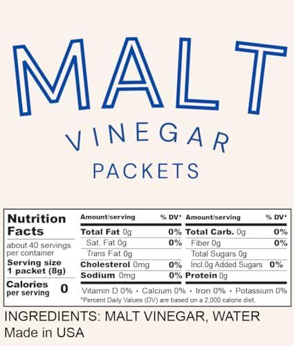 Malt Vinegar Single-Serve Packets (40 Count) – 8 Gram Portion Control Packs, Tangy English-Style Malt Vinegar, On-the-Go Condiment for Fries, Fish, Salads & Takeout