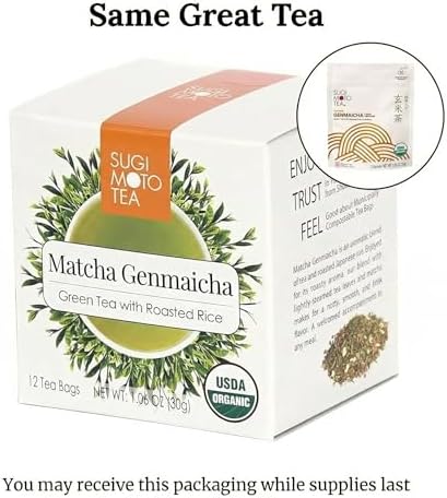 SUGIMOTO TEA Japanese Organic Genmaicha with Matcha Green Tea Bags 12 Count