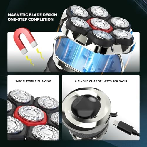 Men's Electric Rotary Shavers Bald，2026 Upgrade 7D Floating Electric Shaver with LED Display, IPX6 Waterproof, Type-C Fast Charge, Magnetic Heads, Travel Case - Ideal Men's Grooming Gift