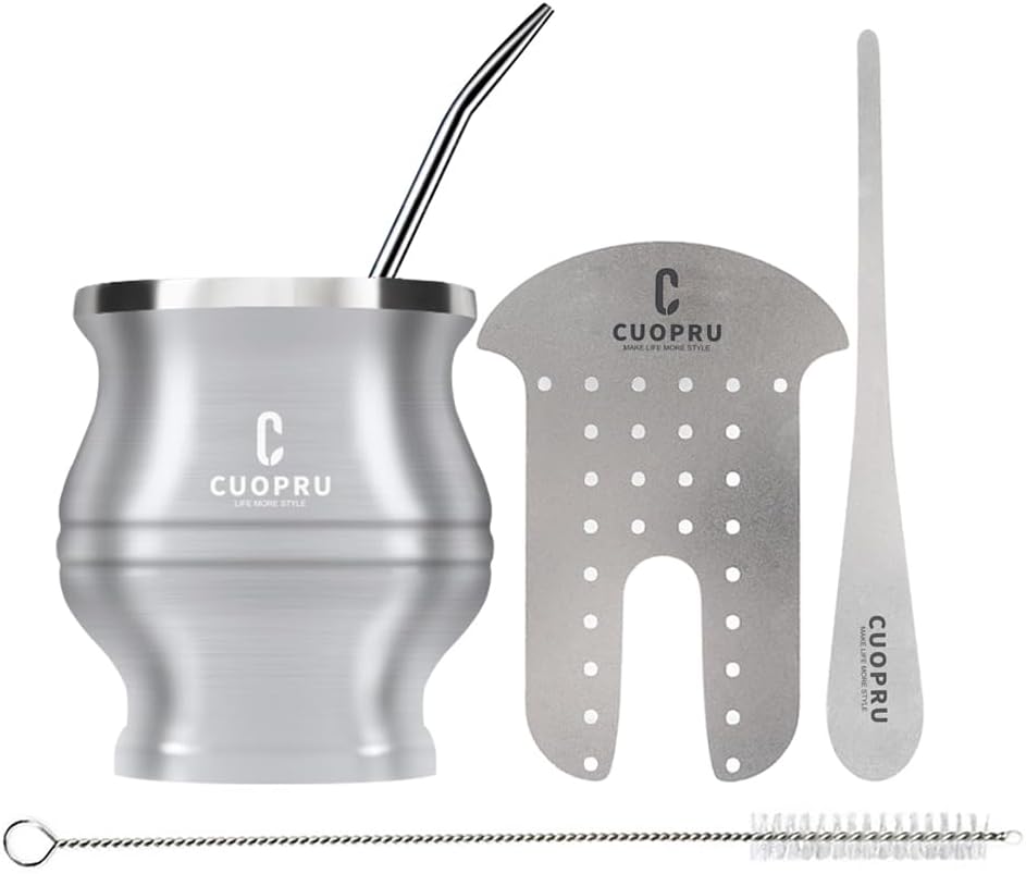 Cuopru Yerba Mate Cup - Mate Gourd Set Includes Double Walled Stainless Steel Tea Cup, Tea Shaper set, Bombilla Straws, Cleaning Brush (Silver)