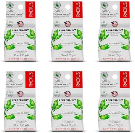 Radius Peppermint Dental Floss 55 Yards Vegan and Non-Toxic Oral Care Boost Total Tooth & Gum Protection Clear - Pack of 6