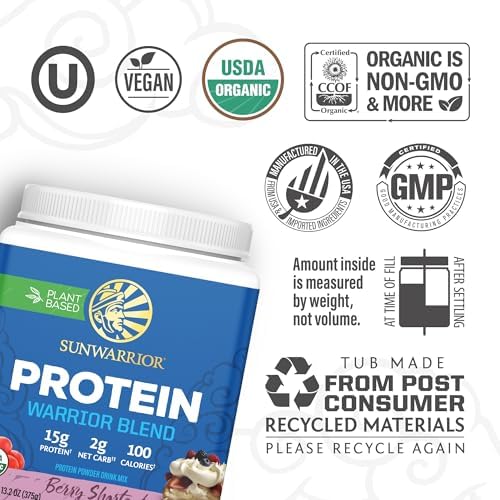 Sunwarrior - Warrior Blend, Plant Based, Raw Vegan Protein Powder with Peas & Hemp, Berry, 13.2 Ounce (Pack of 1)